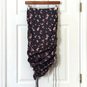 For Love & Lemons Laramie Floral Satin Ruched Asymmetrical Midi Skirt Black S